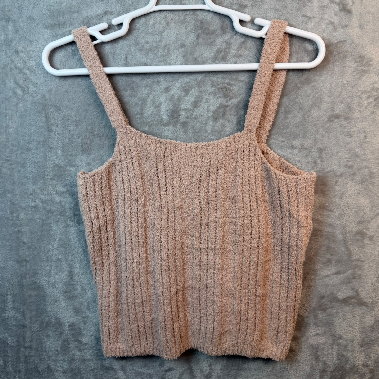 Cupcakes And Cashmere Fuzzy Ribbed Knit Tank Top Tan Taupe Square Neck Large